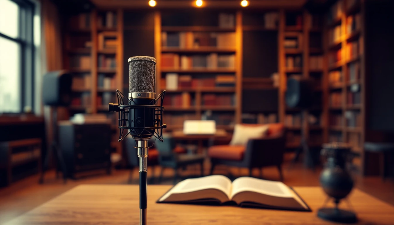 Studio d'enregistrement de livres audio avec micro et livre ouvert